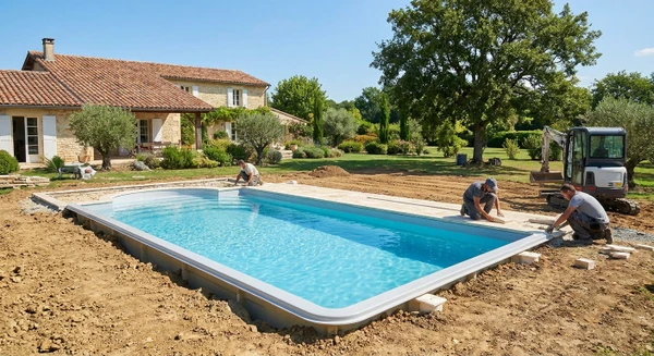 Photographie réaliste d'une piscine coque polyester en cours d'installation ou nouvellement installée dans un jardin résidentiel. La scène montre une piscine de forme moderne avec parois lisses et brillantes, entourée de l'espace extérieur d'une maison. On peut voir le pourtour de la piscine avec le terrain aménagé, la clarté de l'eau, et éventuellement des ouvriers ou équipements de construction en arrière-plan suggérant les travaux d'installation. L'image doit transmettre la qualité, la modernité et le professionnalisme d'une piscine résidentielle haut de gamme.