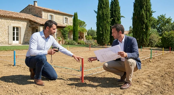 Photographie réaliste en extérieur montrant la phase d'étude et de conception d'une piscine résiduelle. La scène capture un professionnel du piscinisme (architecte paysagiste ou ingénieur) en train d'examiner un terrain résidentiel vierge ou en cours de préparation, tenant des plans techniques ou utilisant des outils de mesure (mètre, niveau). Le terrain doit montrer clairement l'espace destiné à accueillir une future piscine, avec des marquages au sol ou des cordes indiquant les zones de terrassement. L'arrière-plan montre une maison résidentielle et un jardin. L'image doit transmettre le professionnalisme, la réflexion technique et l'expertise dans la phase cruciale de planification d'un projet de piscine.