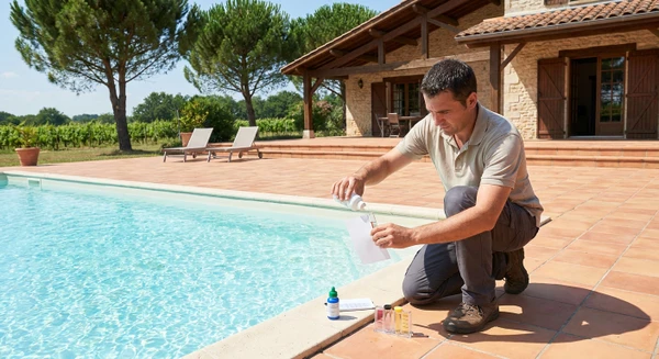Photographie réaliste en extérieur d'un professionnel ou d'un technicien en train d'effectuer l'entretien et le traitement de l'eau d'une piscine résidentielle. La scène capture un expert manipulant un kit de test de l'eau (bandelettes, testeur chimique) ou vérifiant les paramètres de la piscine avec un appareil de mesure, penché légèrement au-dessus du bassin. On voit clairement l'eau cristalline de la piscine en arrière-plan, la piscine entourée d'une terrasse dallée, et une maison résidentielle en arrière-plan. L'image doit transmettre le professionnalisme, la rigueur technique et l'expertise en maintenance et traitement chimique de l'eau, illustrant le suivi après-installation proposé par l'entreprise.