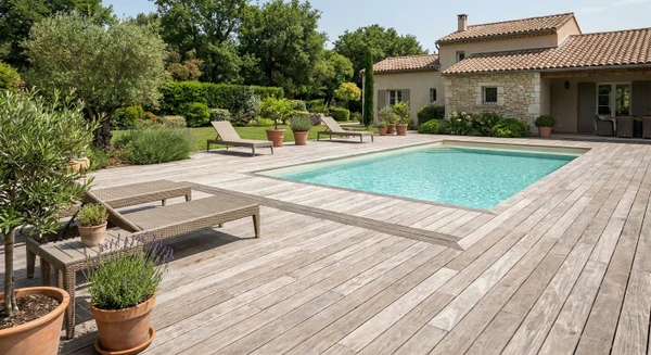Photographie réaliste d'une terrasse en bois ou en pierre naturelle entourant une piscine résiduelle, mise en place professionnelle et achevée. La terrasse montre des matériaux de qualité (bois exotique ou pierre calcaire) disposés harmonieusement avec des joints réguliers, formant un espace de circulation et de détente autour du bassin. La piscine, remplie d'eau claire, occupe le centre-droit de l'image. On aperçoit sur la terrasse quelques mobiliers discrets (transats, petite table) ou plantations en pots, illustrant l'aménagement complet de l'espace extérieur. L'arrière-plan montre une maison résiduelle et un jardin paysager. L'image doit transmettre l'élégance, la fonctionnalité et le professionnalisme de l'aménagement d'un espace de baignade haut de gamme.