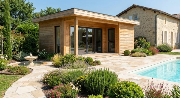 Photographie réaliste d'un pool-house moderne et élégant construit en bois ou en matériau composite, situé en bordure d'une piscine résiduelle. La structure doit montrer un abri ou petit bâtiment de détente avec baies vitrées, intégré harmonieusement dans un jardin paysager haut de gamme. Autour du pool-house, on observe un aménagement paysager professionnel avec terrasse pavée, plantations paysagères variées (massifs arbustifs, plantations basses), allées, et éventuellement de petits éléments de décoration de jardin (fontaine discrète, éclairage paysager). La piscine, partiellement visible en arrière ou latéralement, confirme le contexte résidentiel. Une maison en pierre ou briques typique de la région Aquitaine apparaît en arrière-plan. L'image doit mettre en évidence le caractère premium de l'aménagement extérieur complet, la qualité de la construction du pool-house, et l'expertise en intégration paysagère d'une structure de loisir dans un environnement résidentiel.