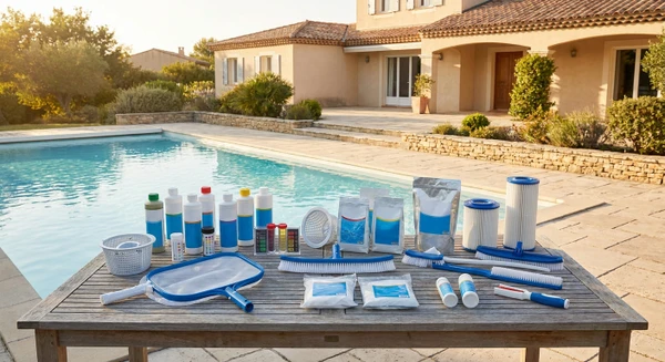 Photographie réaliste d'un assortiment professionnel d'accessoires et produits d'entretien pour piscine disposés sur une table ou présentoir extérieur près d'une piscine résidentielle. L'image montre clairement des éléments tels que des bouteilles de produits de traitement chimique, des kits de test (bandelettes, testeurs), des brosses de nettoyage, des écumoires, des épuisettes, des produits en poudre ou liquide dans leurs emballages professionnels, des filtres, et d'autres accessoires typiques d'entretien. Les produits sont organisés de manière ordonnée et professionnelle, avec étiquettes et branding visibles. En arrière-plan, une piscine cristalline et une terrasse dallée entourant la zone de stockage des produits, ainsi qu'une maison résidentielle. L'image doit transmettre la variété, la qualité et la disponibilité de l'offre complète de produits d'entretien proposée par l'entreprise, différenciant cette prestation des images déjà sélectionnées qui portent sur d'autres aspects (construction, terrassement, maintenance active).