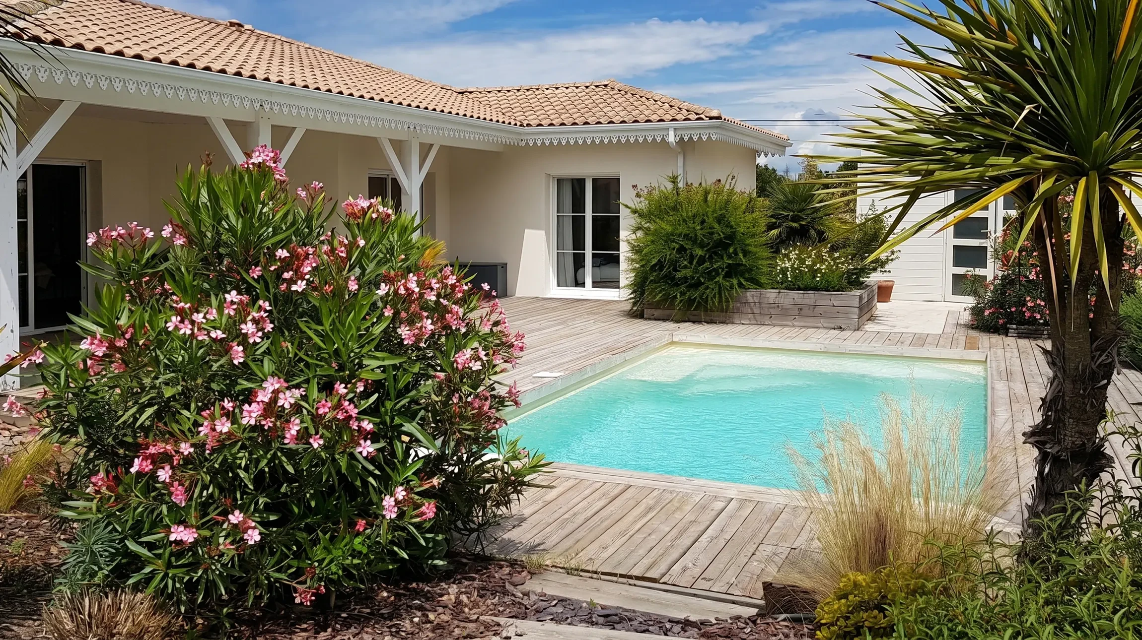Photographie professionnelle d'une piscine résidentialisée haut de gamme dans un jardin paysagé. La piscine, de forme moderne et généreuse, est entourée d'une terrasse bois ou carrelée, avec des chaises longues, une pergola ou un pool house visible à proximité. L'ambiance doit être élégante et accueillante, montrant un espace de détente familial entièrement aménagé. La vue doit être prise de jour, avec un ciel dégagé, mettant en avant la qualité de finition et l'intégration harmonieuse de la piscine dans l'environnement paysager.